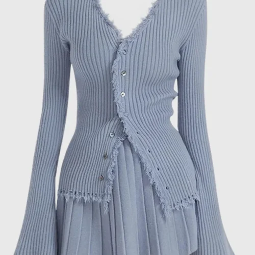 Women Coquette 2 Piece Set Tassels Cardigan Tops + Mini Pleated Skirt