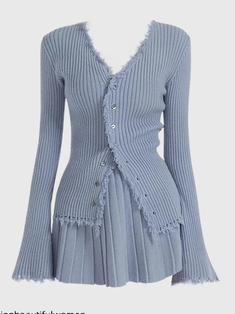 Women Coquette 2 Piece Set Tassels Cardigan Tops + Mini Pleated Skirt