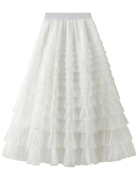 Mesh Ruffle Skirts Women's Temperament Elastic Waist Multi Layers Solid Color Party Cake Sweet Skirt