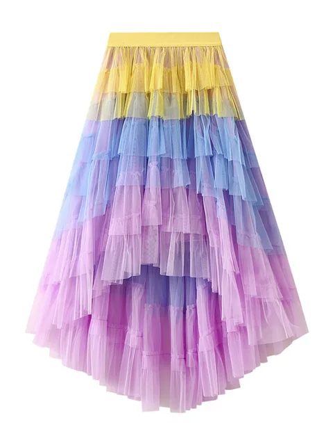 Irregular Mesh Gradient Color Pleated Skirts