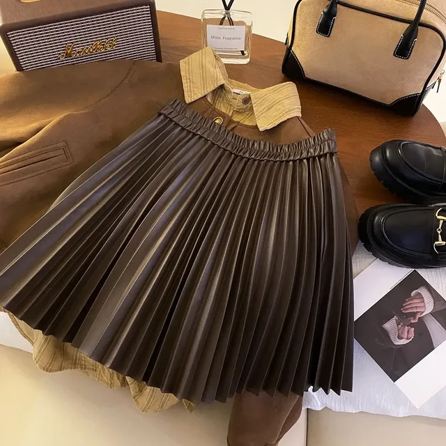 Brown PU Leather Pleated Short Skirt