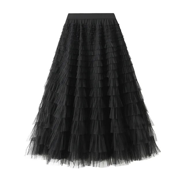 Mesh Ruffle Skirts Women's Temperament Elastic Waist Multi Layers Solid Color Party Cake Sweet Skirt