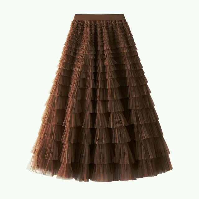 Mesh Ruffle Skirts Women's Temperament Elastic Waist Multi Layers Solid Color Party Cake Sweet Skirt