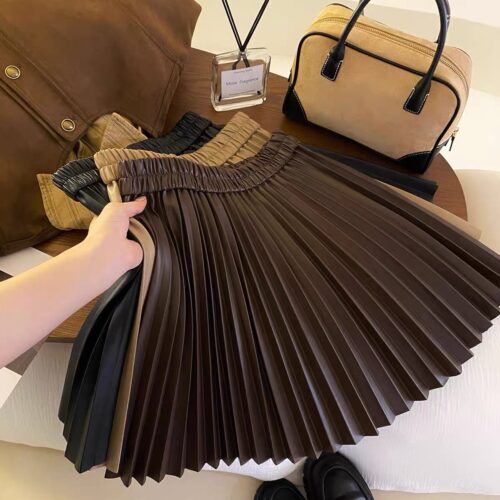 Brown PU Leather Pleated Short Skirt
