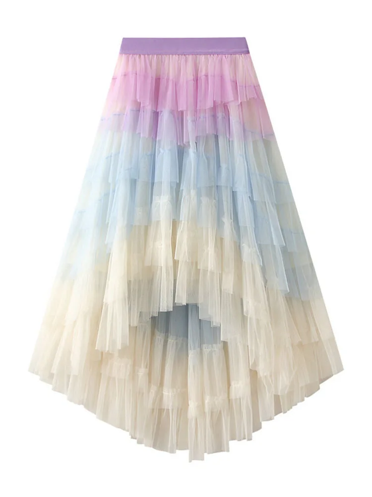 Irregular Mesh Gradient Color Pleated Skirts