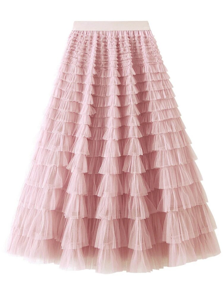 Mesh Ruffle Skirts Women's Temperament Elastic Waist Multi Layers Solid Color Party Cake Sweet Skirt