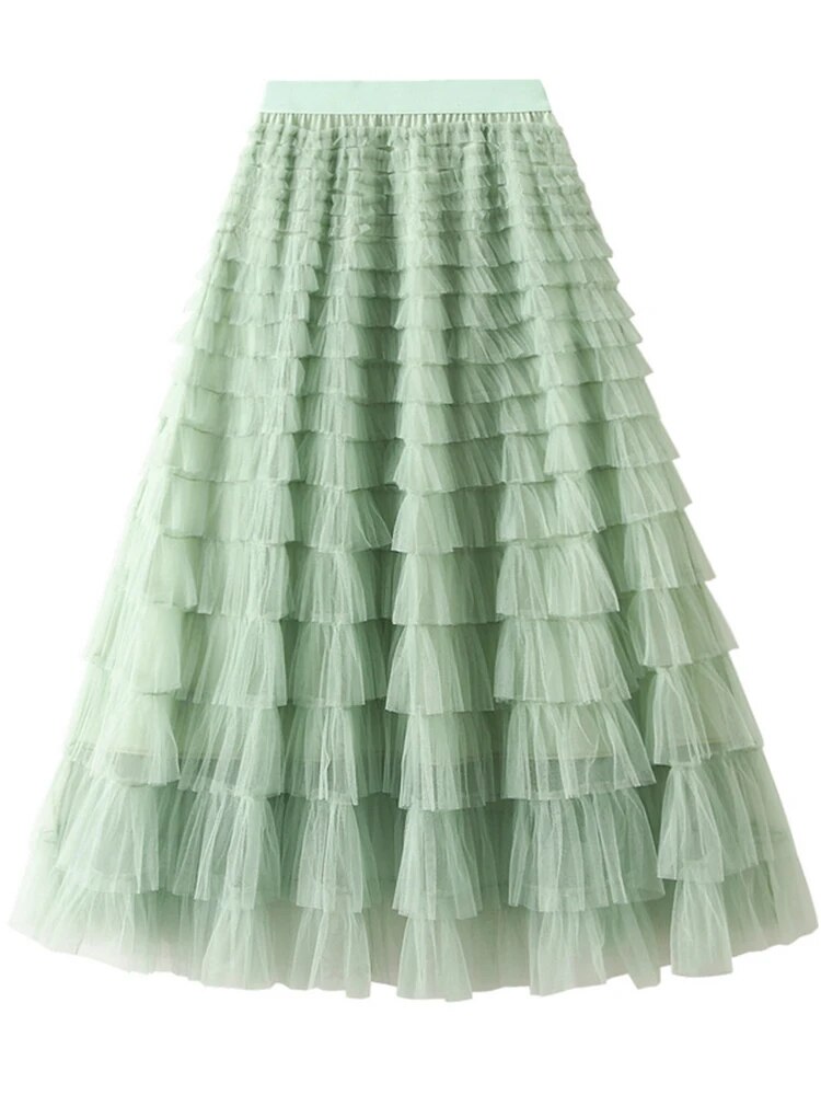 Mesh Ruffle Skirts Women's Temperament Elastic Waist Multi Layers Solid Color Party Cake Sweet Skirt