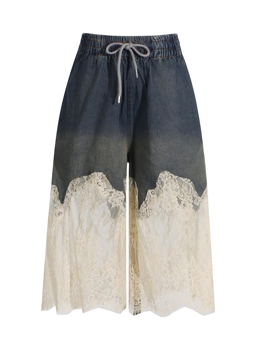 Lace patchwork camisole top+ denim shorts
