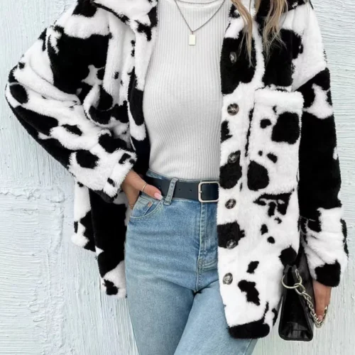 Cow Print Fuzzy Jacket