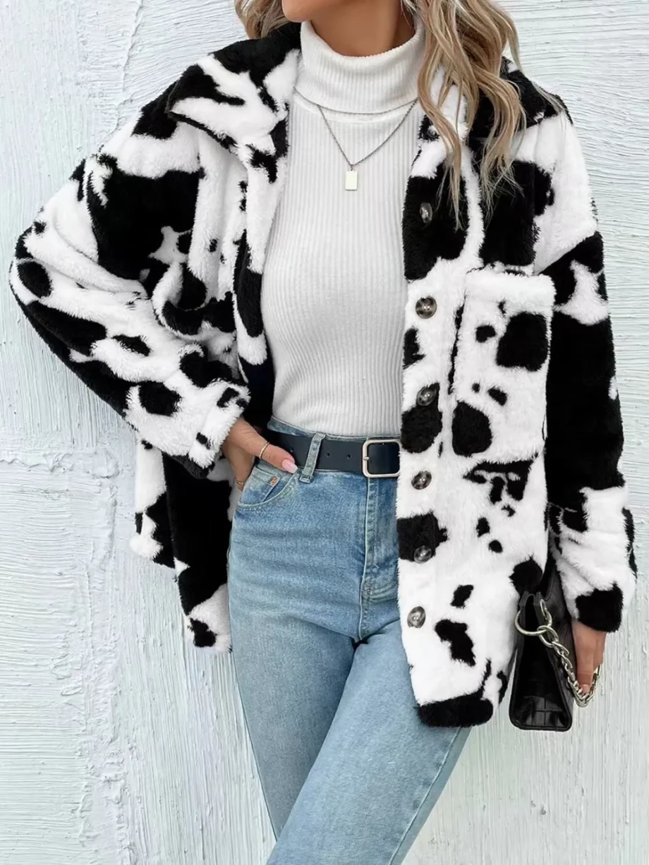 Cow Print Fuzzy Jacket