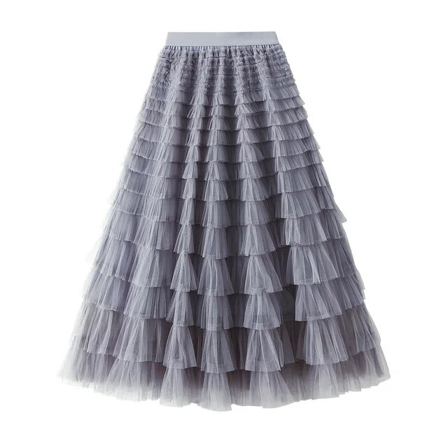Mesh Ruffle Skirts Women's Temperament Elastic Waist Multi Layers Solid Color Party Cake Sweet Skirt