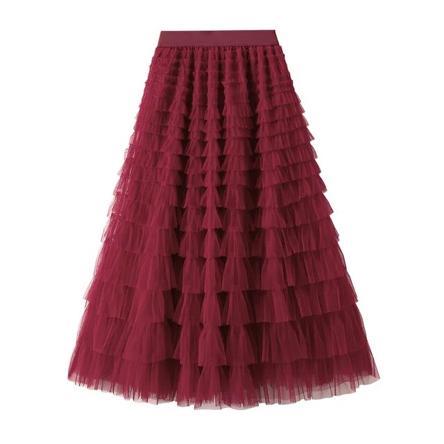 Mesh Ruffle Skirts Women's Temperament Elastic Waist Multi Layers Solid Color Party Cake Sweet Skirt