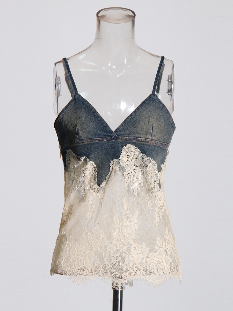 Lace patchwork camisole top+ denim shorts