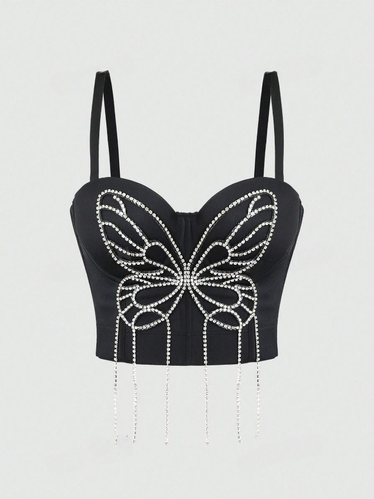 Three-dimensional butterfly hand-beaded tassel camisole
