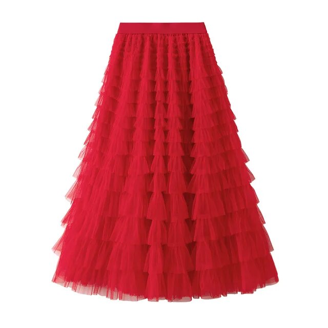 Mesh Ruffle Skirts Women's Temperament Elastic Waist Multi Layers Solid Color Party Cake Sweet Skirt