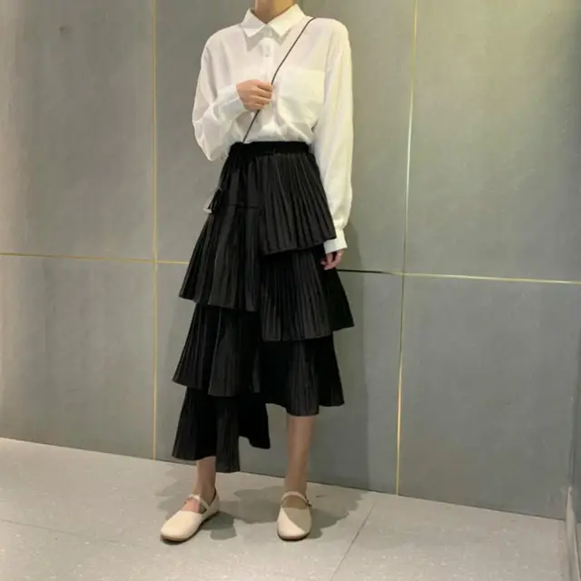 Korean Irregular Hem Pleated Skirt