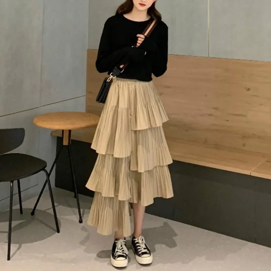 Korean Irregular Hem Pleated Skirt