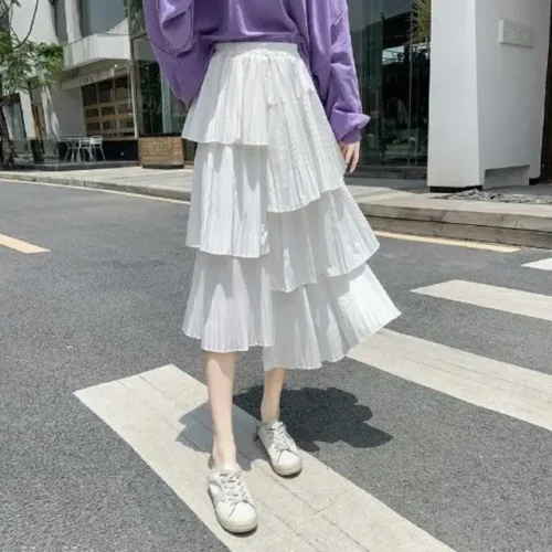 Korean Irregular Hem Pleated Skirt