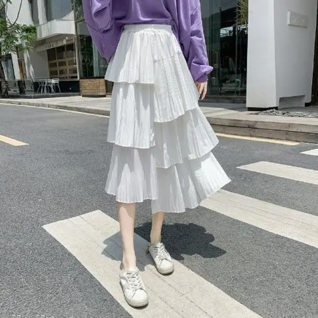 Korean Irregular Hem Pleated Skirt