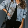 Leopard print patchwork ripped denim jacket
