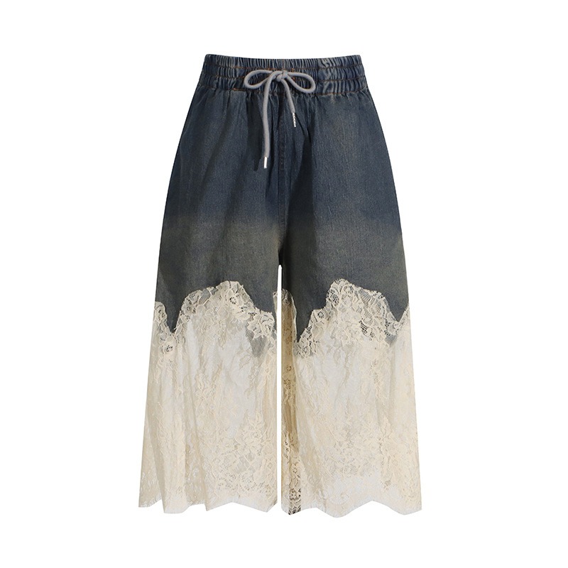 Lace patchwork camisole top+ denim shorts