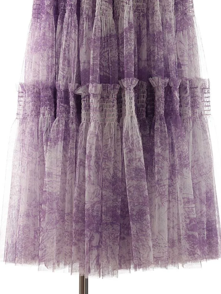 Vintage Printing Mesh Spliced Skirt