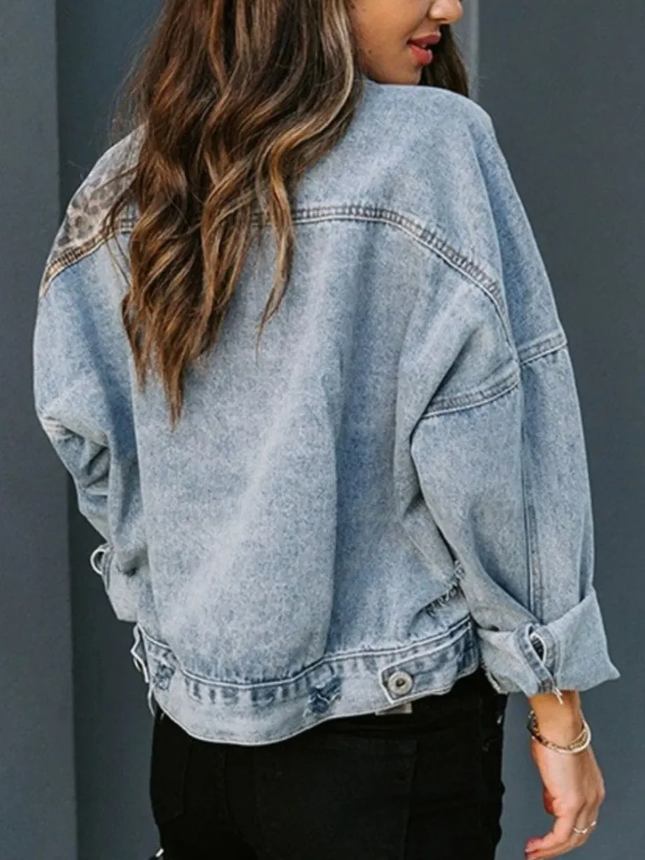 Leopard print patchwork ripped denim jacket
