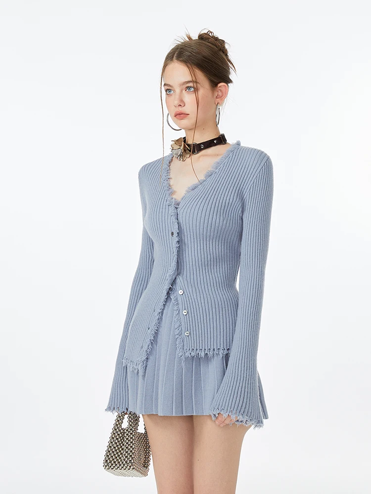 Women Coquette 2 Piece Set Tassels Cardigan Tops + Mini Pleated Skirt