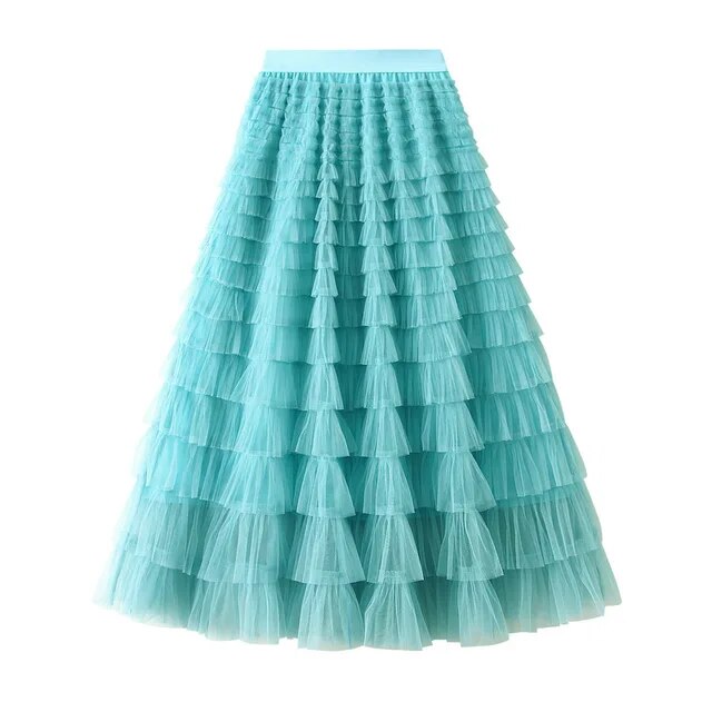 Mesh Ruffle Skirts Women's Temperament Elastic Waist Multi Layers Solid Color Party Cake Sweet Skirt