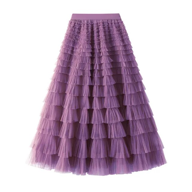 Mesh Ruffle Skirts Women's Temperament Elastic Waist Multi Layers Solid Color Party Cake Sweet Skirt