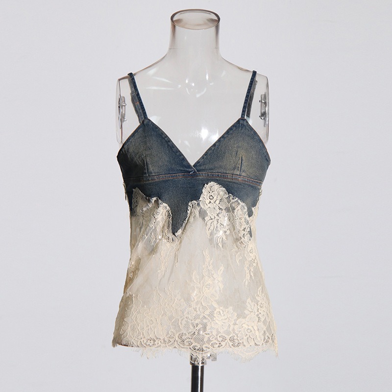 Lace patchwork camisole top+ denim shorts