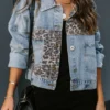 Leopard print patchwork ripped denim jacket