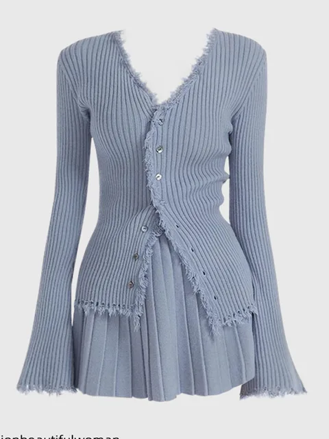 Women Coquette 2 Piece Set Tassels Cardigan Tops + Mini Pleated Skirt