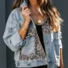 Leopard print patchwork ripped denim jacket