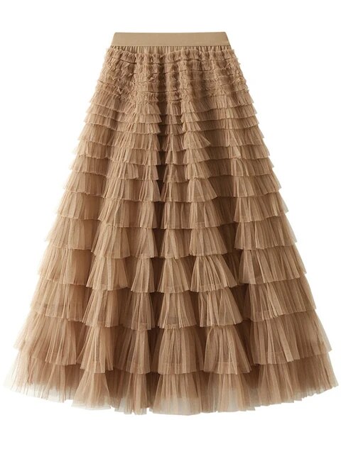 Mesh Ruffle Skirts Women's Temperament Elastic Waist Multi Layers Solid Color Party Cake Sweet Skirt