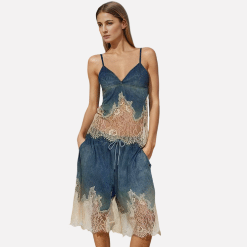 Lace patchwork camisole top+ denim shorts