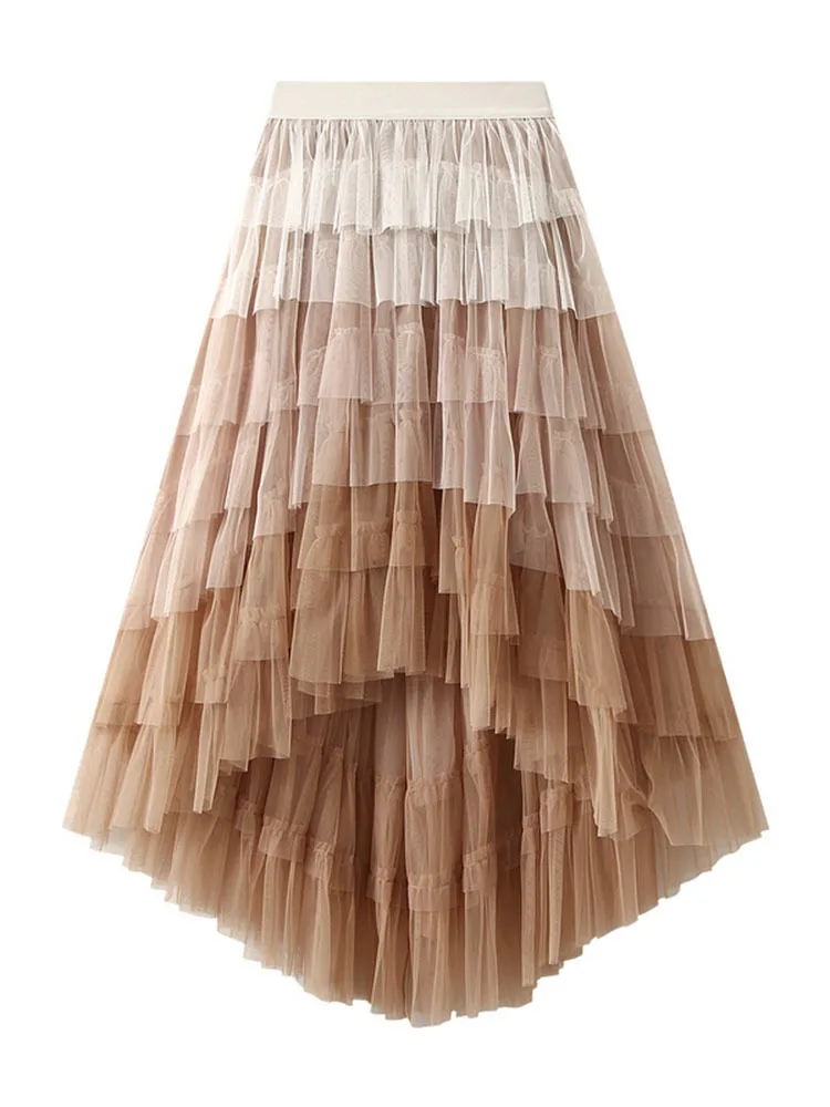 Irregular Mesh Gradient Color Pleated Skirts