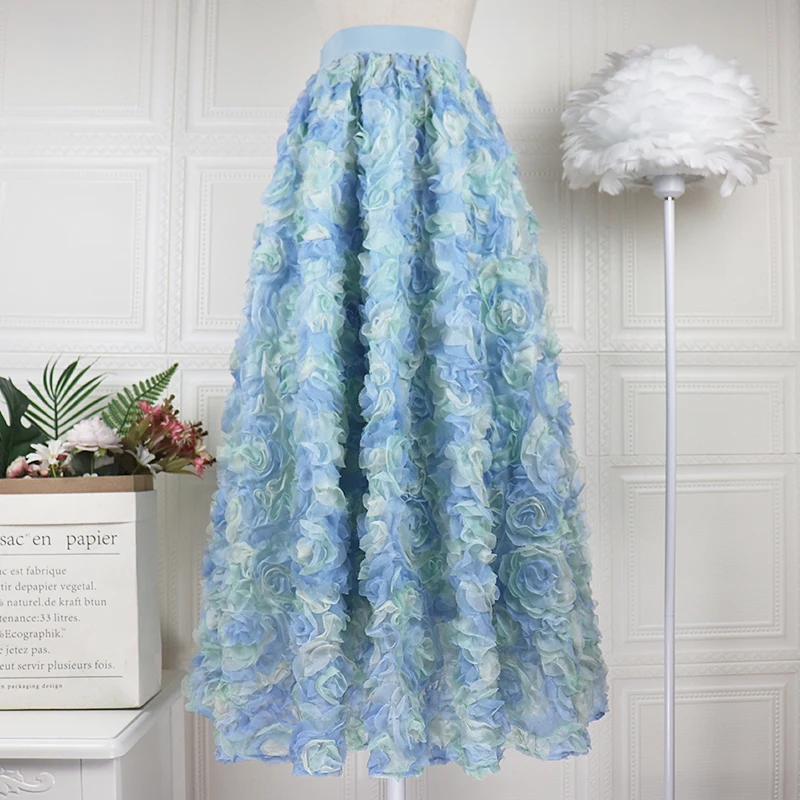 Blue Rose Flowers Tulle Skirt