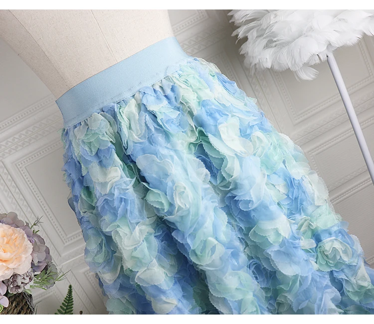 Blue Rose Flowers Tulle Skirt