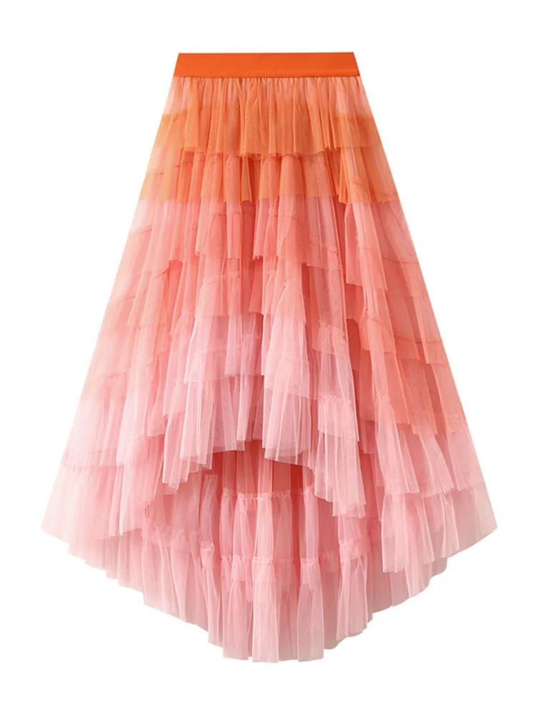 Irregular Mesh Gradient Color Pleated Skirts
