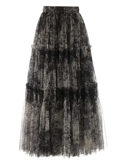 Vintage Printing Mesh Spliced Skirt