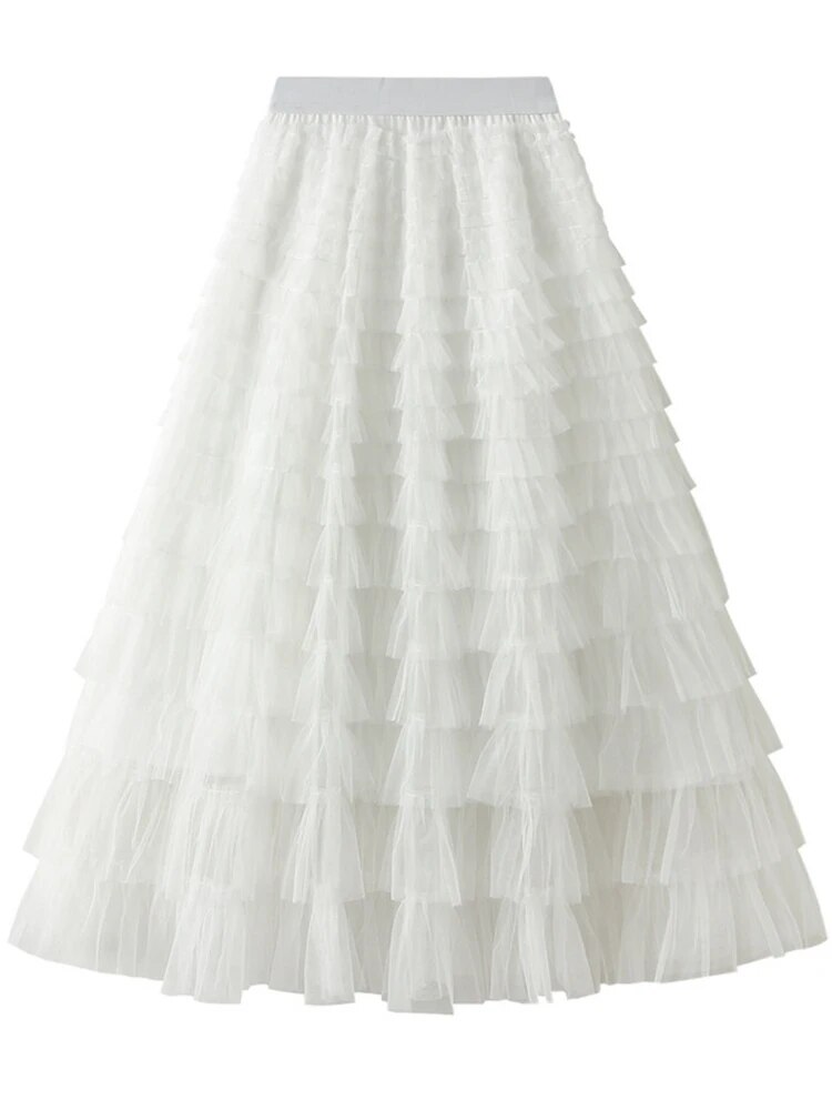 Mesh Ruffle Skirts Women's Temperament Elastic Waist Multi Layers Solid Color Party Cake Sweet Skirt