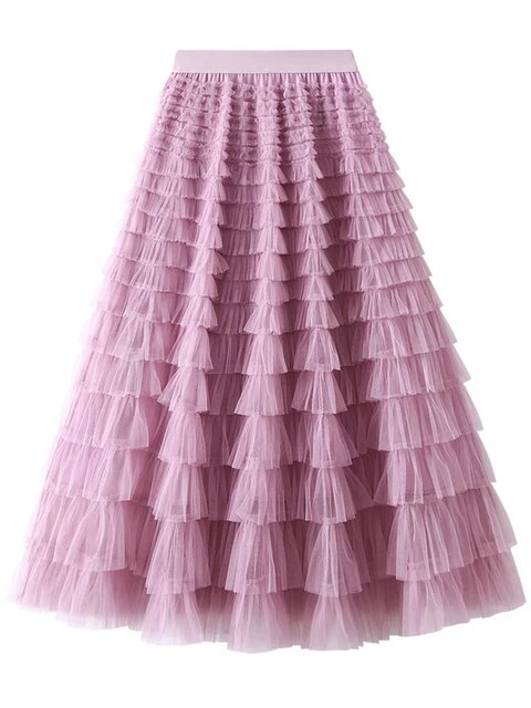 Mesh Ruffle Skirts Women's Temperament Elastic Waist Multi Layers Solid Color Party Cake Sweet Skirt