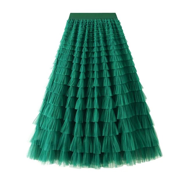 Mesh Ruffle Skirts Women's Temperament Elastic Waist Multi Layers Solid Color Party Cake Sweet Skirt