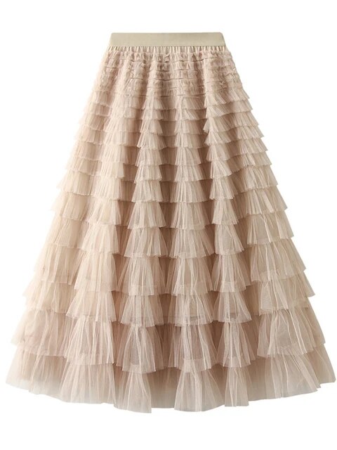 Mesh Ruffle Skirts Women's Temperament Elastic Waist Multi Layers Solid Color Party Cake Sweet Skirt