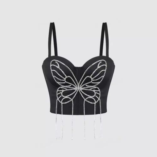 Three-dimensional butterfly hand-beaded tassel camisole