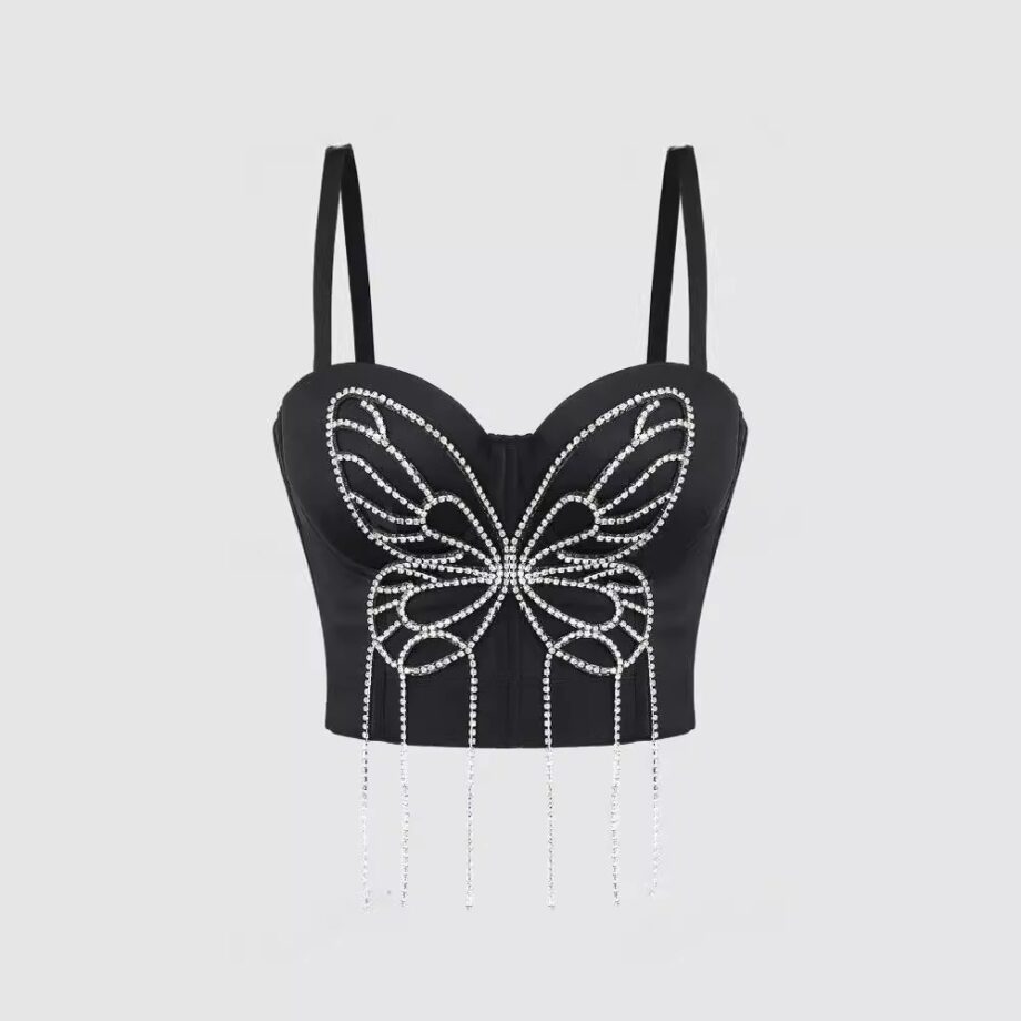 Three-dimensional butterfly hand-beaded tassel camisole