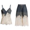Lace patchwork camisole top+ denim shorts