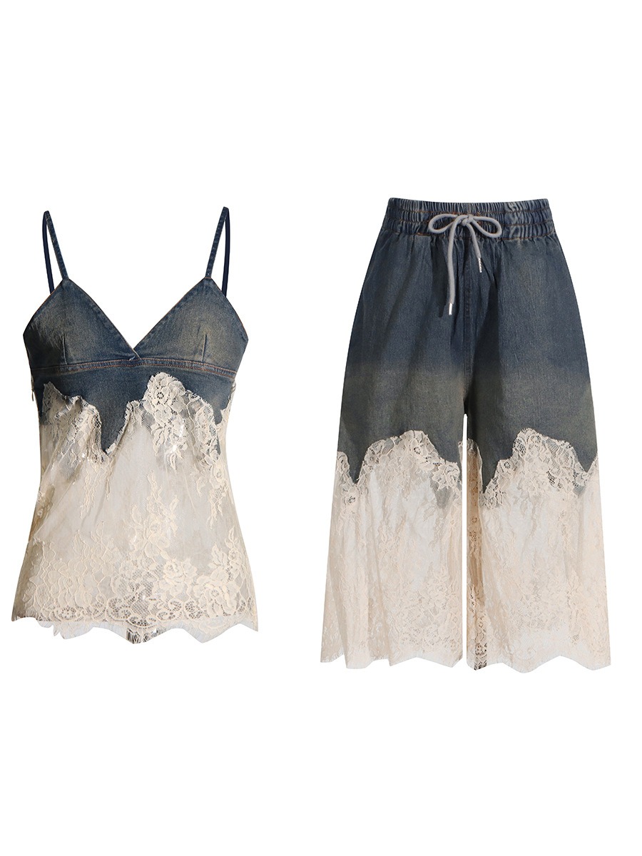 Lace patchwork camisole top+ denim shorts