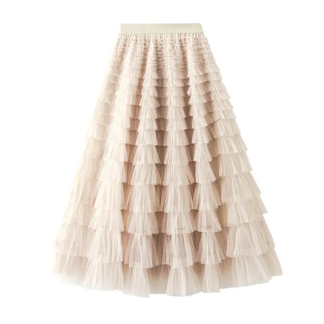 Mesh Ruffle Skirts Women's Temperament Elastic Waist Multi Layers Solid Color Party Cake Sweet Skirt